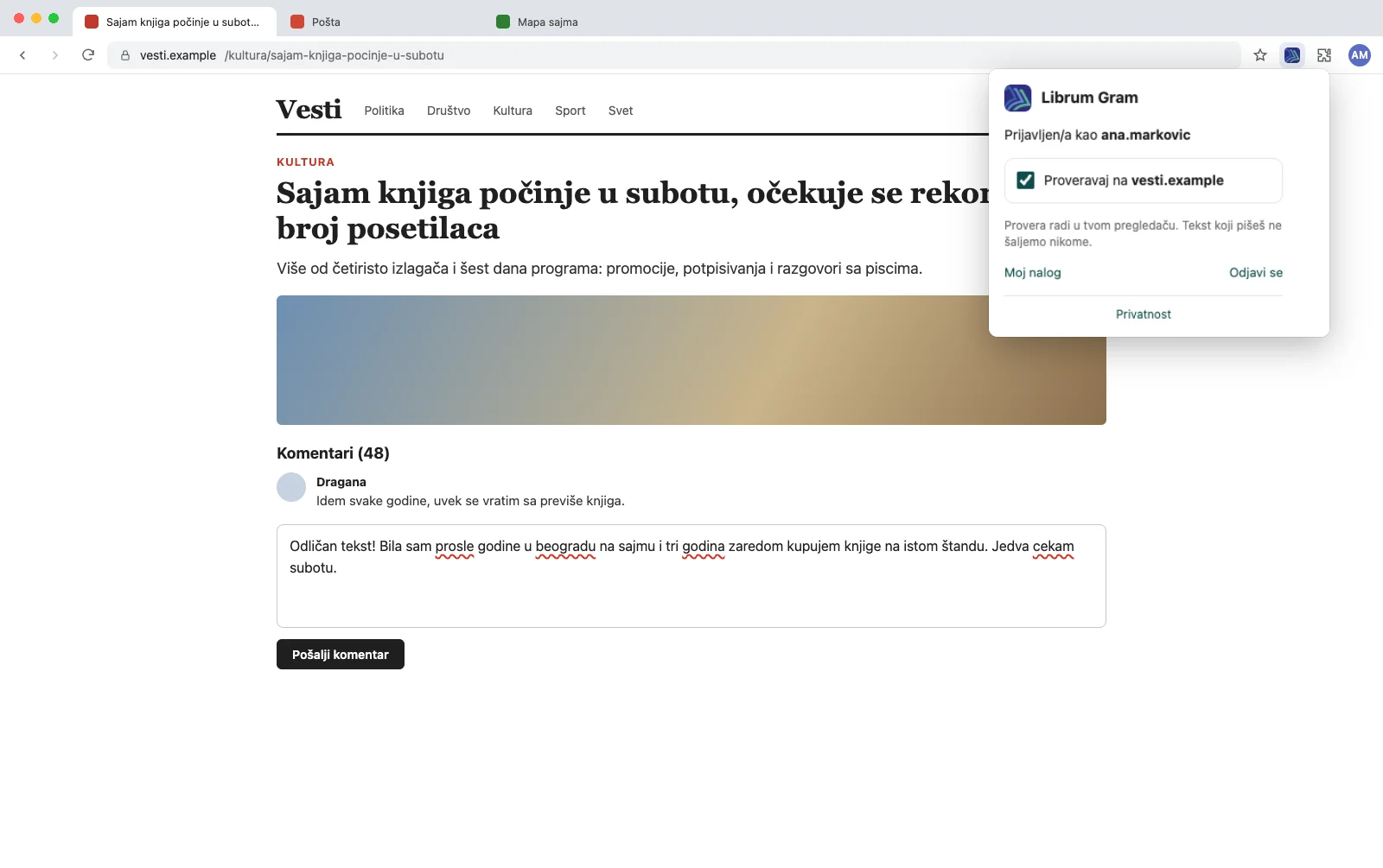Prozor Librum Grama: prijavljen kao ana.markovic, Proveravaj na vesti.example